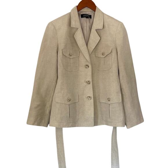 Kasper Linen Blend Tan/Neutral Belted/Tie Blazer / Jacket / Utility Pockets, 12 - Picture 1 of 16
